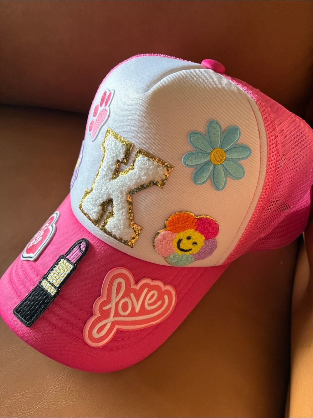 Pink Trucker Hat with Embroidered K Patch & Cute Patches - Picture 3 of 6